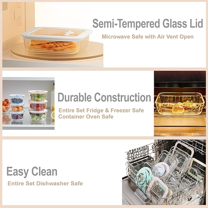 Urban Green Glass Food Container Set with Silicone Glass Lid, 3 Pack, Square Shape, Airtight, LeakProof, 100% Plastic Free, Meal Prep Food Storage Containers LiveaLifeEasierandGreener