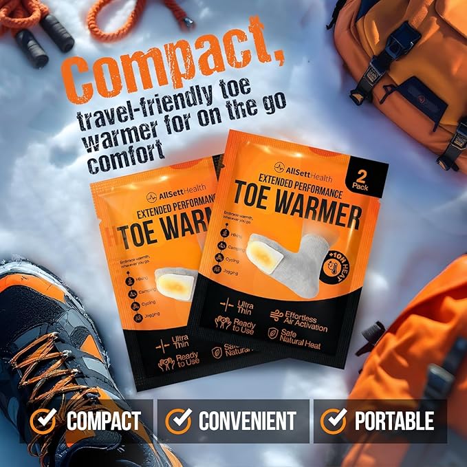 Toe Warmers for Feet – 50 Pairs (100 Warmers) | 10+ Hour Self-Adhesive Feet Warmers, Foot Warmers Bulk, Ultra-Thin Disposable Heat Pads for Shoes & Boots AllSettHealth