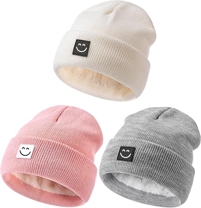 Baby Beanie Hat 3 Packs with Cute Smiley Face, Toddler Girls Boys Baby Hats Winter, Kids Winter Hat Cold Weather Hispeka