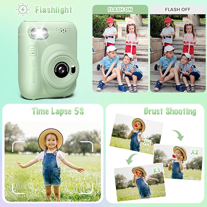 Kids Camera Instant Print, 3.0" HD 32MP 1080P Toddler Digital Camera with 3 Rolls of Printer Paper, Birthday Gifts Toy for 3-12 Year Old Girls Boys with 32GB SD Card-Green Gofunly