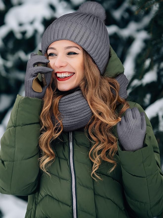 LOROME Women Winter Beanie Hat Scarf Gloves Set, Fleece Knitted Pompom Hat Warm Neck Scarf Touchscreen Gloves Winter Gift LOROME