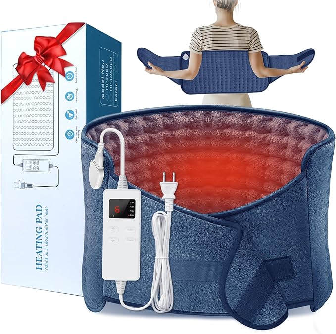 Heating Pad for Back Pain Relief, 12"x24"+20" Large Electric Heating Pad for Period Cramps Neck Shoulders with Belt, 4 Timer 6 Heat Setting & Auto Shut Off, Moist Heat Pad for Women (Blue) IGXHAVIZ