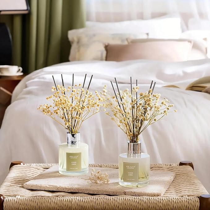 Airkeep Reed Diffuser 3.38 oz (100ml) 2pk, Clean Linen Scented Reed Diffuser Set,Reed Diffuser & Oil Diffuser Sticks, Aromatherapy, Airkeep Reed Diffuser Set Box 2-Clean Linen Airkeep
