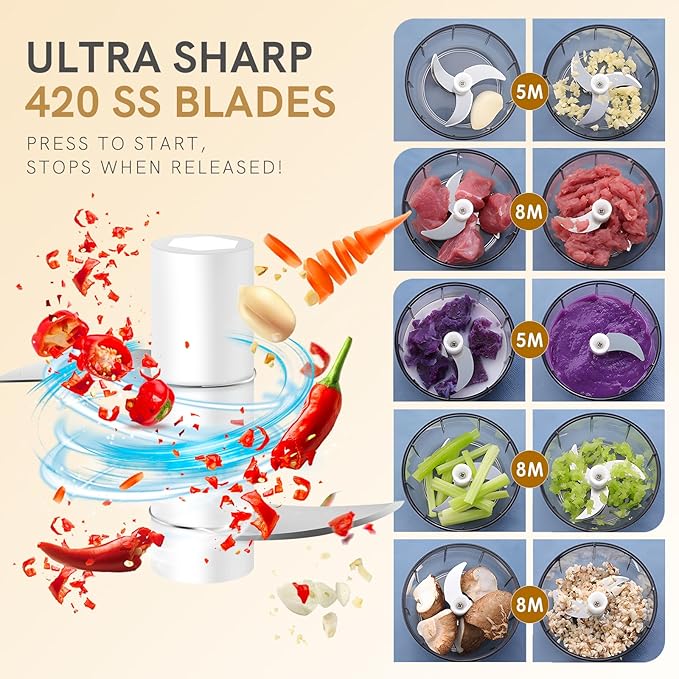 EASYSPEED Electric Garlic Chopper 1Cup, Mini USB Charging Wireless Food Processor with 304 Stainless Steel, 2 Sharp Blades, Portable Kitchen Meat Grinder for Onion, Garlic, Ginger, Chili EASYSPEEDSL