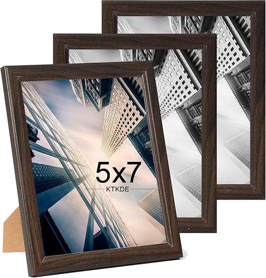 KTKDE 5x7 Picture Frame Set of 3,Walnut Wooded Shatter Resistant Glass, Vertical & Horizontal Wall Hanging for Wall or Tapletop Display,Studio Gallery Photo Frame for Photos, Posters & Art Prints KTKDE