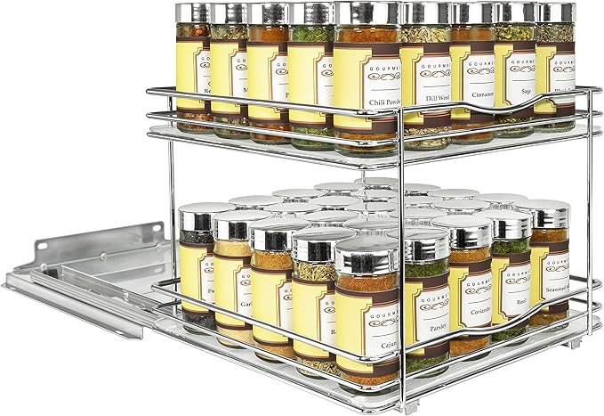 LYNK PROFESSIONAL® Pull Out Spice Rack Organizer for Inside Kitchen Cabinets - 10-3/8 inch Wide - Slide Out Drawer – Chrome Sliding Spice Cabinet Organization Shelf Racks - 2 Tier LYNKPROFESSIONAL