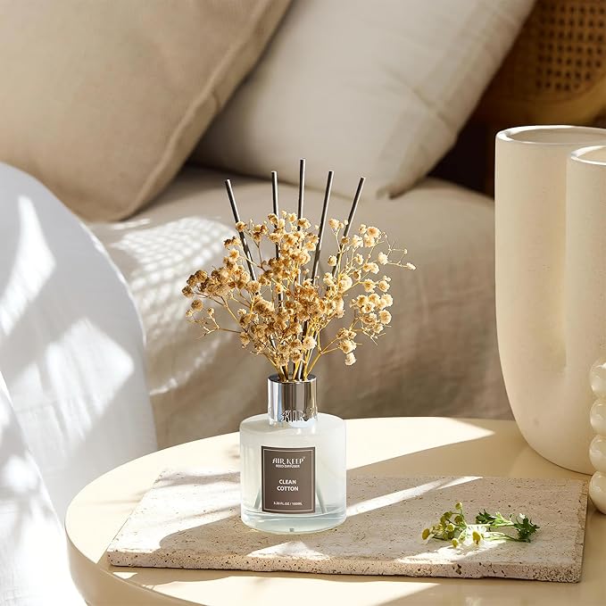 Airkeep Reed Diffuser Set,3.38 fl oz (100 ml) - Clean Cotton Oil Diffusers with 8 Reed Sticks, Home Fragrance Reed Diffuser for Bathroom Shelf Decor Airkeep