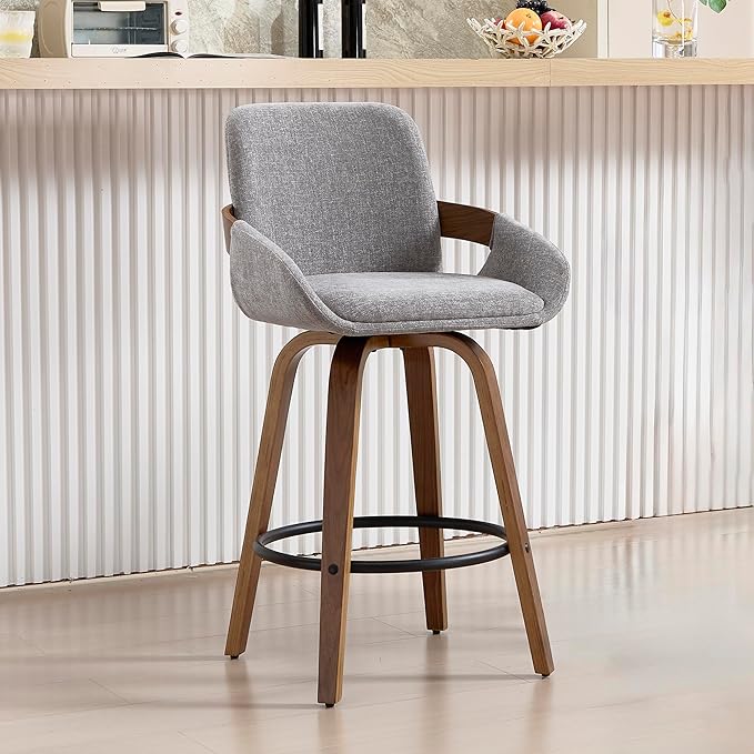 Swivel Bar Stool, Fabric Counter High Stools with Back and Armrest 360° Swivel Walnut Bar Chair for Kitchen Island Home Dining - Light Grey VipDesk