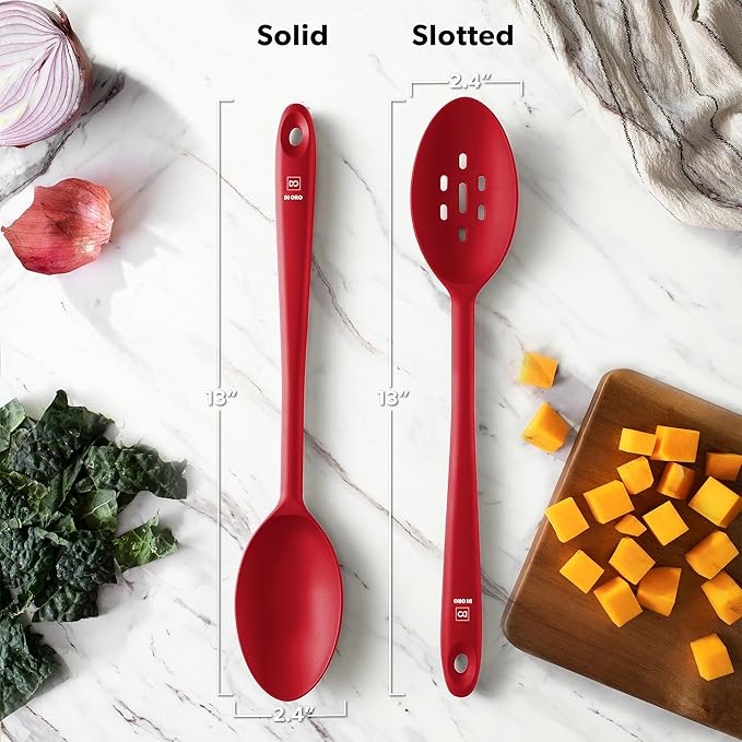 DIORO Silicone Mixing & Serving Spoons - Large Heat-Resistant Non Stick Utensils Big Solid & Slotted Basting & Stirring Spoons - Dishwasher Safe (2pc, Red) DIORO