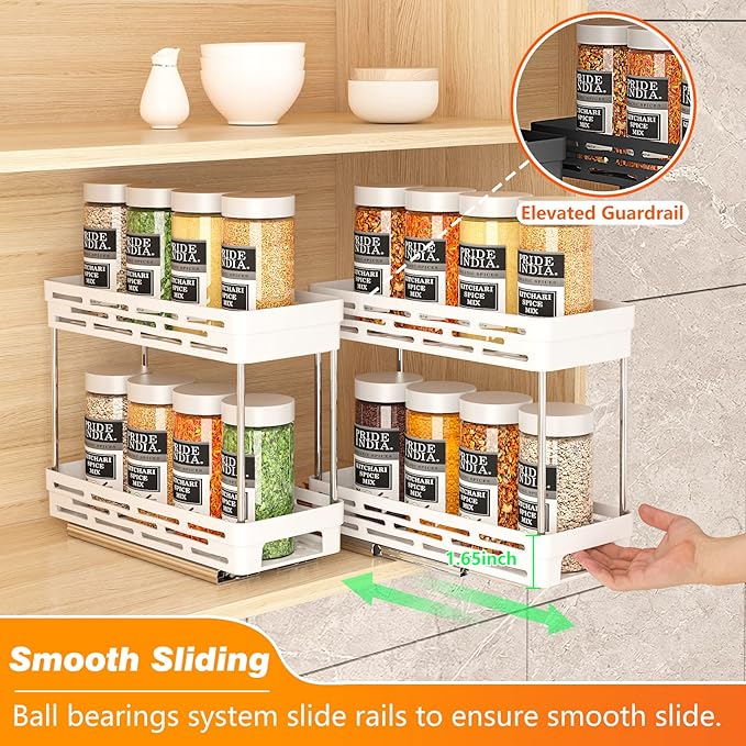 Pull Out Spice Rack Organizer for Cabinet, 3 Packs Slide Out Spice Racks Organizer, Spice Cabinet Organizers, Cabinet Size Need:12'' Highx11'' Deepx5'' Wide,Each Tier Hold 10 Spice Jar - 2 Tier, White DABIGE