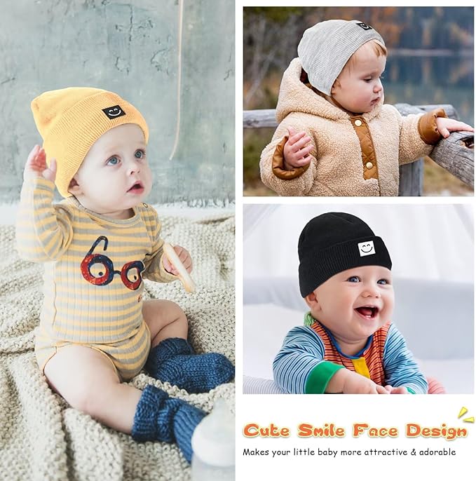 Baby Beanie Hat 3 Packs with Cute Smiley Face, Toddler Girls Boys Baby Hats Winter, Kids Winter Hat Cold Weather Hispeka
