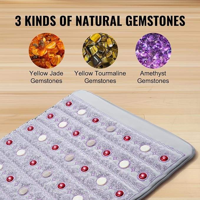 VEVOR Far Infrared Heating Pad, Amethyst Heating Pad with Jade & Tourmaline Stones, 660nm Photon Light & Negative Ions, 103-159℉ Hot Gemstone Mat with 0-12 Hours Timer for Waist Shoulder (60" x 24") VEVOR