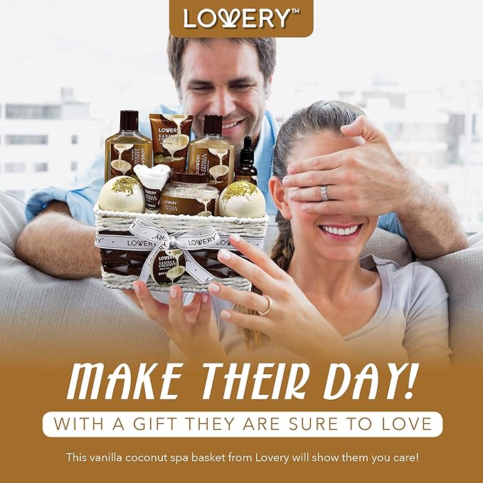 Gifts For Women Gift Basket for Women– 9 Piece Christmas Gifts Set of Vanilla Coconut Home Spa Set, Luxurious Holiday Bath and Body Sets Includes Fragrant Lotions, Extra Large Bath Bombs, Coconut Oil LOVERY