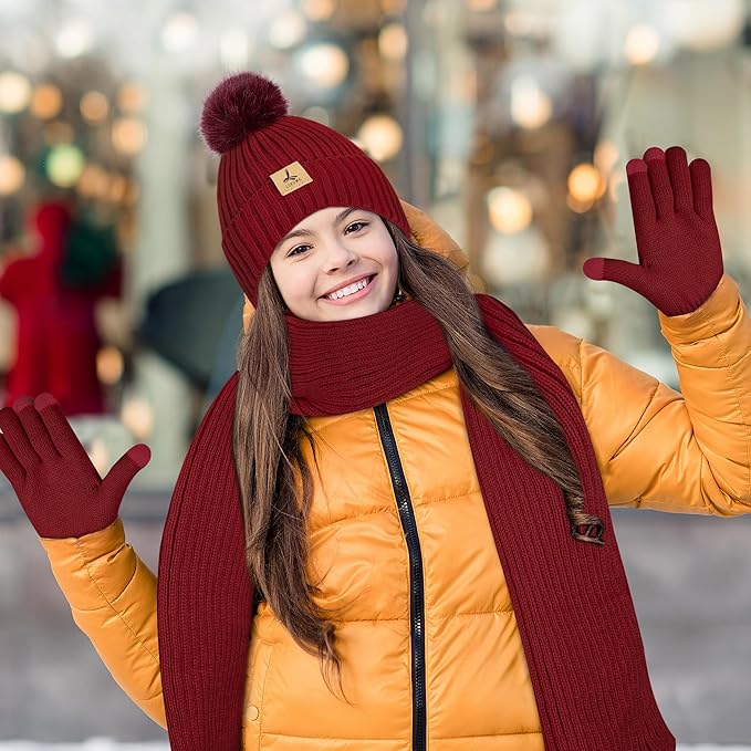 LOROME Women Winter Beanie Hat Scarf Gloves Set, Fleece Knitted Pompom Hat Warm Neck Scarf Touchscreen Gloves Winter Gift LOROME