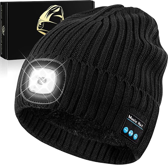 Bluetooth Beanie Hat with Light for Men, LED Beanie with Light Rechargeable, Headlamp Cap Wireless Headphones Built-in Speaker Mic Christmas Gifts for Teens Stocking Stuffers for Men Dad(Black) AHASTI