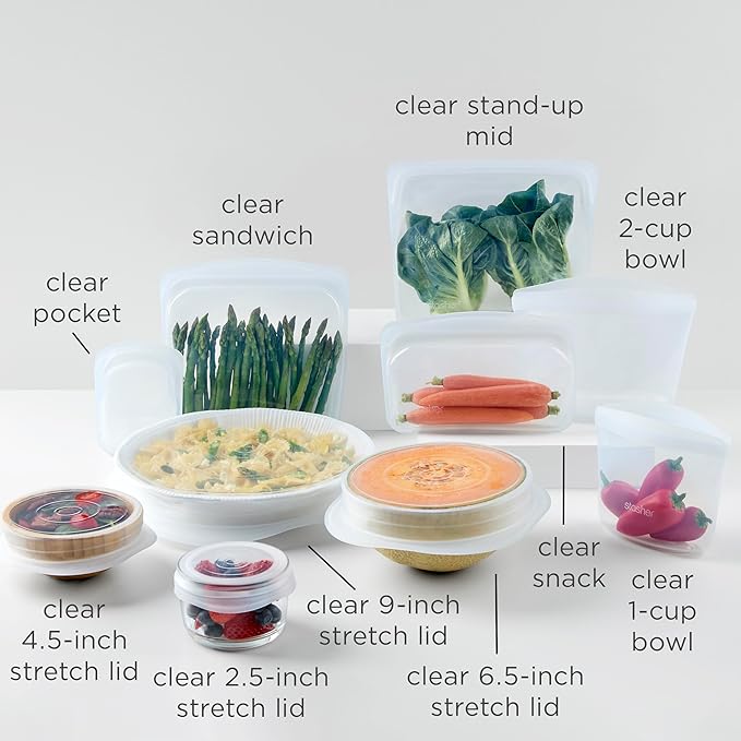 Stasher Premium Silicone Reusable Food Storage Bags and Stretch Lids 10-Pack, Clear, Airtight Seal, Food Containers & Covers, Boxed Starter Kit, BPA Free, Leak-free, Dishwasher Safe, Eco-Friendly Stasher