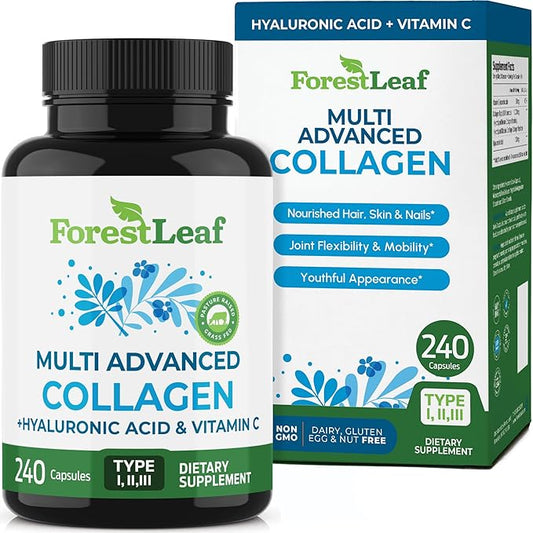 ForestLeaf Multi Collagen Pills - Collagen Men & Collagen Women - Hydrolyzed Collagen Supplements with Vitamin C & Hyaluronic Acid - Collagen Capsules for Hair, Skin & Nails (240 Peptide Capsules) ForestLeaf