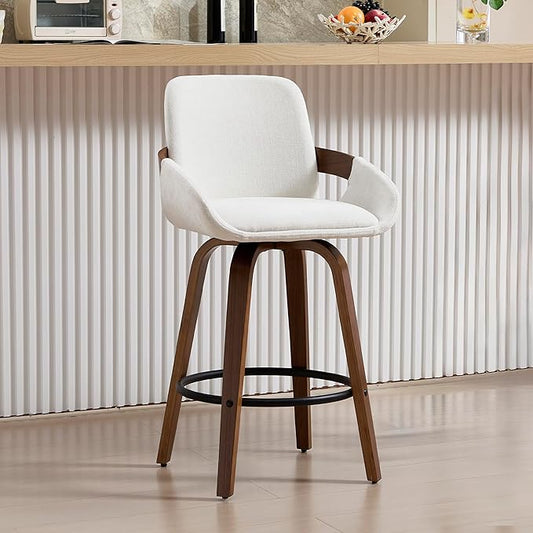Beige Fabric Swivel Bar Stools with Back, Walnut Bentwood Mid-Century Design, Modern Bar Chairs with Curved Back and 360° Swivel, Ideal for Home Bars, Kitchens, Dining Spaces VipDesk