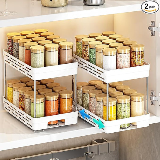 Pull Out Spice Rack Organizer for Cabinet, 2 Pack Widen Slide Out Spice Racks Organizer, Spice Cabinet Organizers, Cabinet Size Need:12'' Highx11'' Deepx6.75'' Wide,Hold 15 Spice Jar Each Tier-2Tier DABIGE