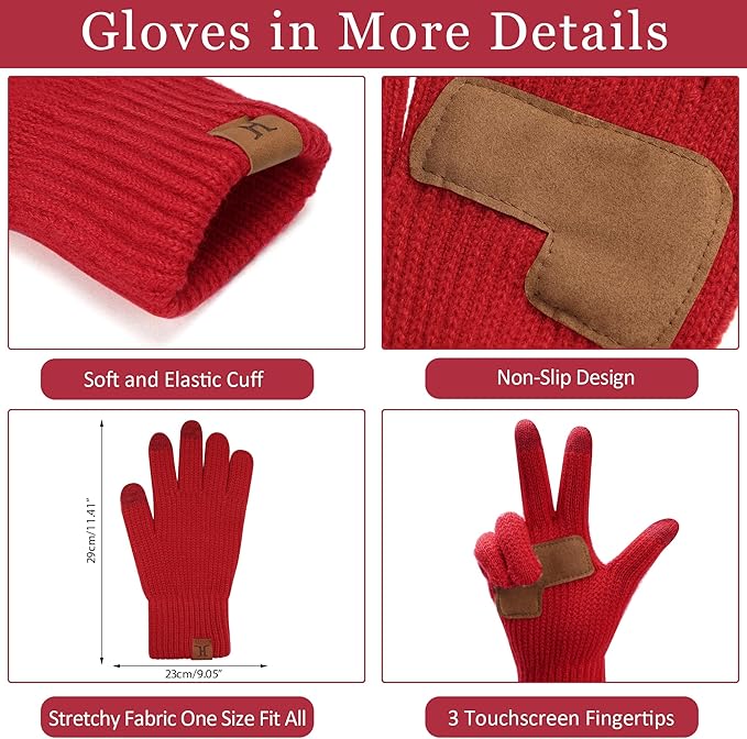 Womens Winter Warm Beanie Hat Long Neck Scarf Touchscreen Gloves Set Knit Skull Caps Pompom Fleece Gifts FZFANTASTICZONE