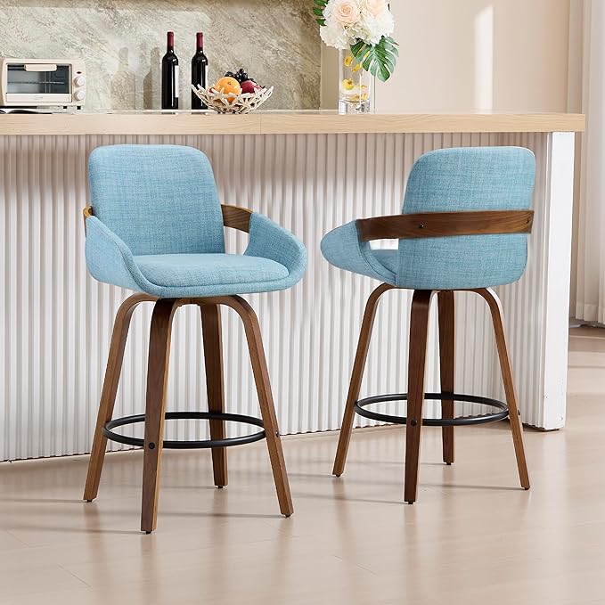 Bar Stool Set of 2, Fabric Counter High Stools with Back and Armrest 360° Swivel Walnut Bar Chair for Kitchen Island Home Dining - Blue VipDesk