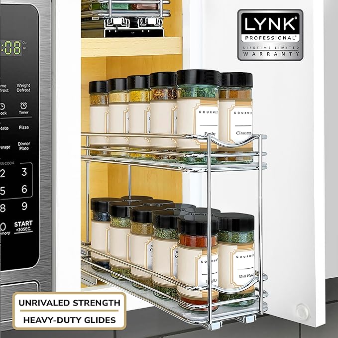 LYNK PROFESSIONAL® Pull Out Spice Rack Organizer for Inside Kitchen Cabinets - 4-3/8 inch Wide - Slide Out Drawer – Chrome Sliding Spice Cabinet Organization Shelf Racks - 2 Tier LYNKPROFESSIONAL