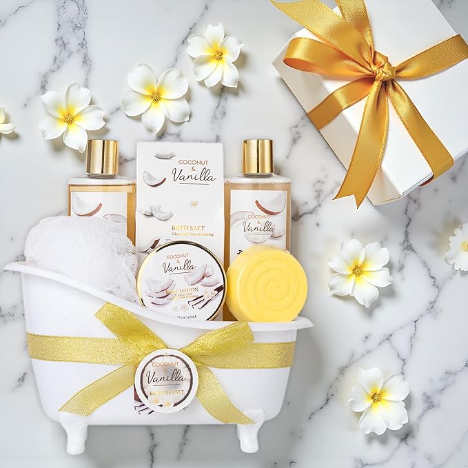 Christmas Gifts for Women and Men - 8-Piece Luxury Coconut Vanilla Bath & Body Gift Set for Women Self Care Kit Spa Gift Baskets | Perfect Gifts for Mom, Birthday Gifts, All Occasion Holiday Present SaintRoy