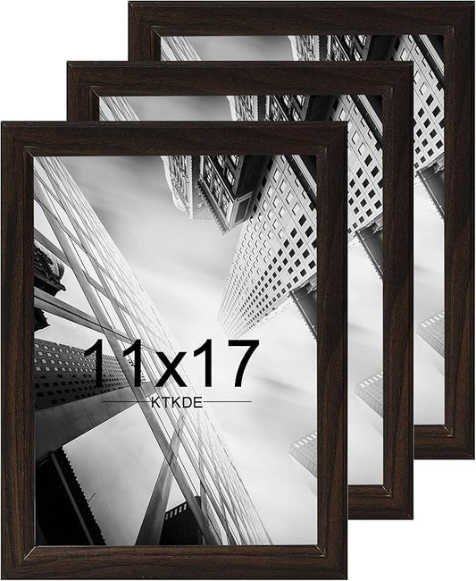 KTKDE 11x17 Picture Frame Set of 3,Walnut Wooded Shatter Resistant Glass, Vertical & Horizontal Wall Hanging for Wall Display,Studio Gallery Photo Frame for Photos, Posters & Art Prints KTKDE