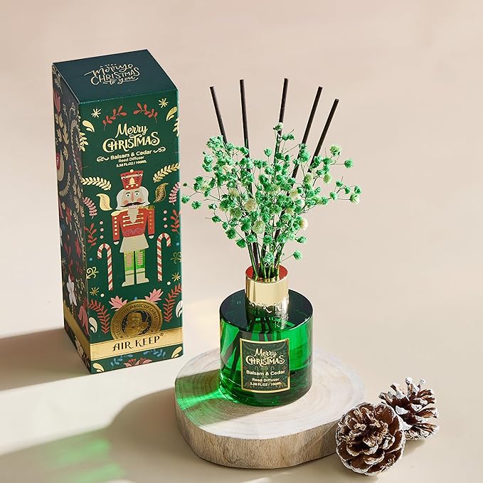 Airkeep Christmas Reed Diffuser Set,3.38 fl oz (100 ml) Reed Diffuser - Balsam&Cedar Oil Diffusers with 8 Reed Sticks, Home Fragrance Reed Diffuser for Bathroom Shelf Decor Airkeep