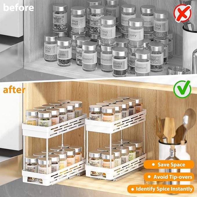 Pull Out Spice Rack Organizer for Cabinet, 3 Packs Slide Out Spice Racks Organizer, Spice Cabinet Organizers, Cabinet Size Need:12'' Highx11'' Deepx5'' Wide,Each Tier Hold 10 Spice Jar - 2 Tier, White DABIGE
