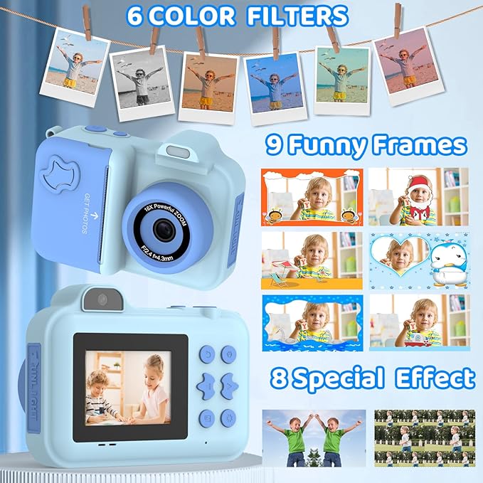 Kids Camera Instant Print, 1080P HD Dual-Lens Selfie,Toddler Digital Camera with 5 Rolls Paper & 32GB Card, Children Christmas Birthday Gifts Toys for Age 3 4 5 6 7 8 9 10 11 12 Years Old Girls Boys xuweicn