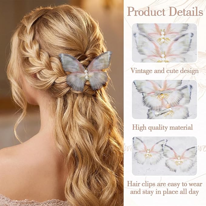 2Pcs Butterfly Hair Clips, Pearl Double Mesh Butterfly Clips, Moving Wings Butterflies Hair Barrette, Strong Hold Metal Butterflies Hairs Clip Fairy Accessories for Women Girls Kick Boosters