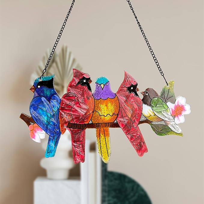 Stained Glass Window Hanging - Large Stained Glass Birds on Branch, Birds Sun Catchers Indoor Window with Chain and Hook Gifts for Bird Lover, Mom, Grandma, Stocking Stuffers for Women DASTOLL