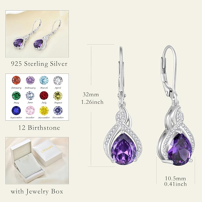 Infinity Teardrop Earrings 925 Sterling Silver Dangle Drop Leverback Earrings Pear Shaped Birthstone Jewelry Gifts for Women LWSARY