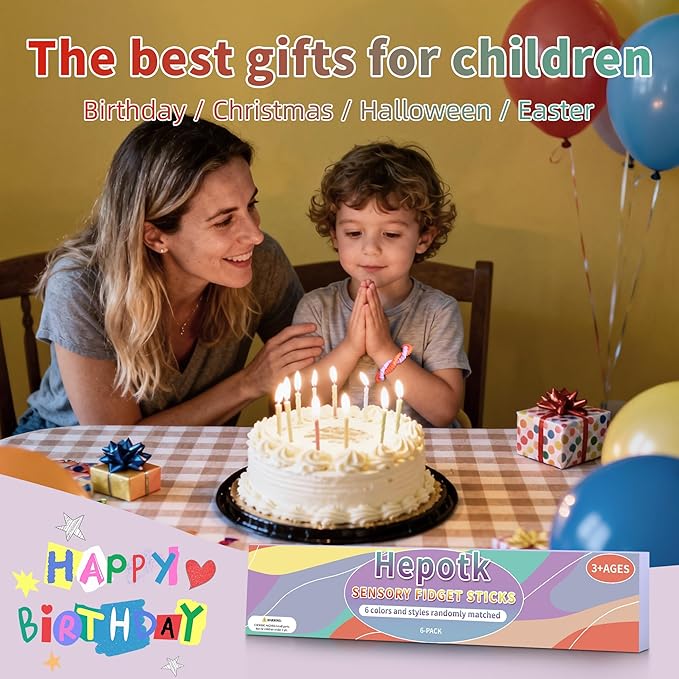 Hepotk Sensory Fidget Sticks - 6PCS Silicone Fidget Toy Pack with Mixed Textures, Random Colors & Styles | Stress Relief Toys for Autistic Kids 3+ & Adults | Must-Have for Travel, School & Home