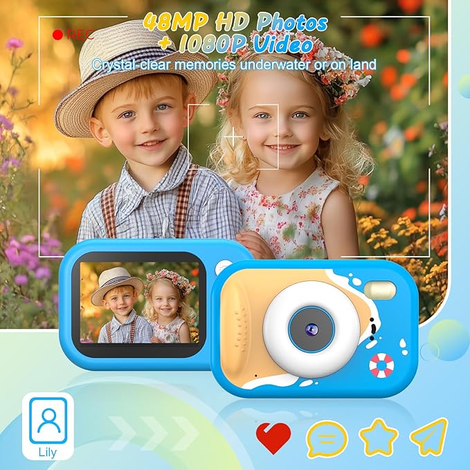 Kids Waterproof Camera, 1080P HD Underwater Digital Camera for Kids Aged 3-12, IP68 Swimming & Snorkeling Toy, ABS Plastic, 32GB Card, Birthday Gift for Children Boys Girls, Blue Kick Boosters