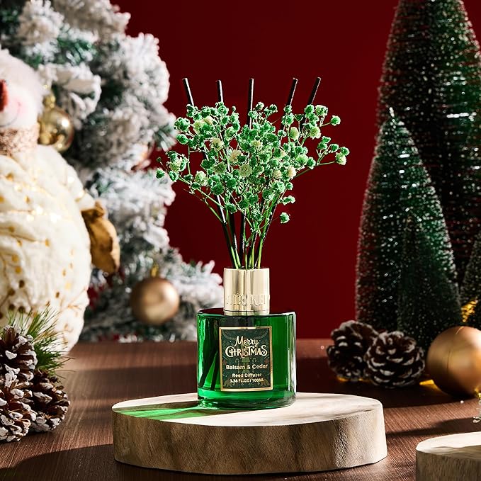 Airkeep Christmas Reed Diffuser Set,3.38 fl oz (100 ml) Reed Diffuser - Balsam&Cedar Oil Diffusers with 8 Reed Sticks, Home Fragrance Reed Diffuser for Bathroom Shelf Decor Airkeep