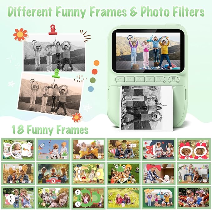 Kids Camera Instant Print, 3.0" HD 32MP 1080P Toddler Digital Camera with 3 Rolls of Printer Paper, Birthday Gifts Toy for 3-12 Year Old Girls Boys with 32GB SD Card-Green Gofunly