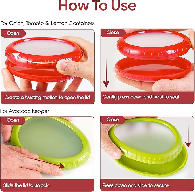 Set of 4 Food Popz Storage Containers | Fruit and Vegetable Anti-Oxidation Storage Box for Avocado, Onion, Lemon & Tomato | Fresh Pod Reusable Fruit Antioxidant Storage for Fridge | BPA-Free Box Doublewave