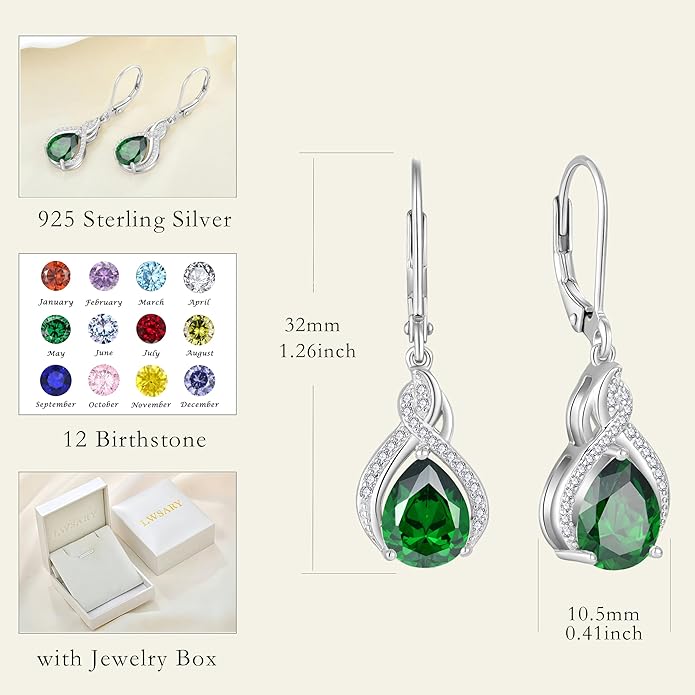 Infinity Teardrop Earrings 925 Sterling Silver Dangle Drop Leverback Earrings Pear Shaped Birthstone Jewelry Gifts for Women LWSARY