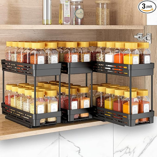Pull Out Spice Rack Organizer for Cabinet, 3 Packs Slide Out Spice Racks Organizer, Spice Cabinet Organizers, Cabinet Size Need:12'' Highx11'' Deepx5'' Wide,Each Tier Hold 10 Spice Jar - 2 Tier, Black DABIGE