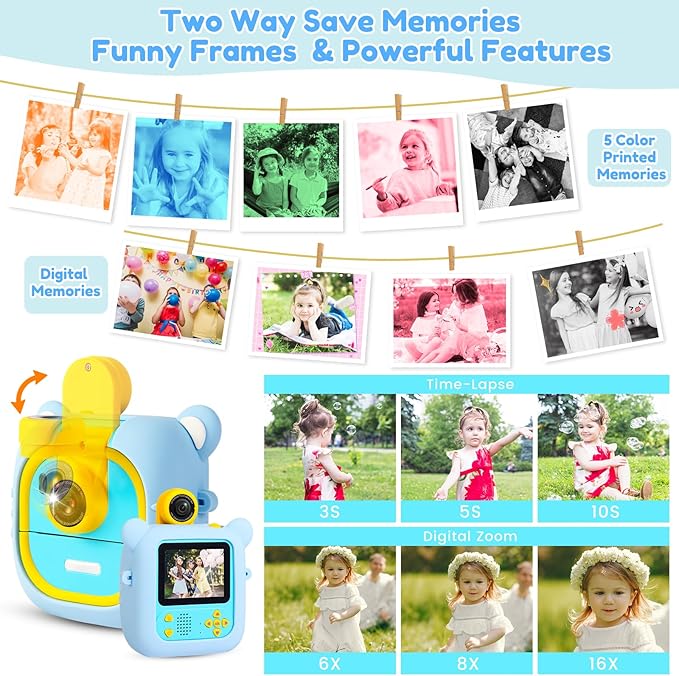 Kids Camera Instant Print, 7 Print Paper (4 Color: O/R/G/B+3 B&W), 2.4" Screen Instant Camera for Kids Ages 3-12,1080P, 180°Flip Lens,32GB Card- Christmas Birthday Present for Boys & Girls,M2 ARNSSIEN