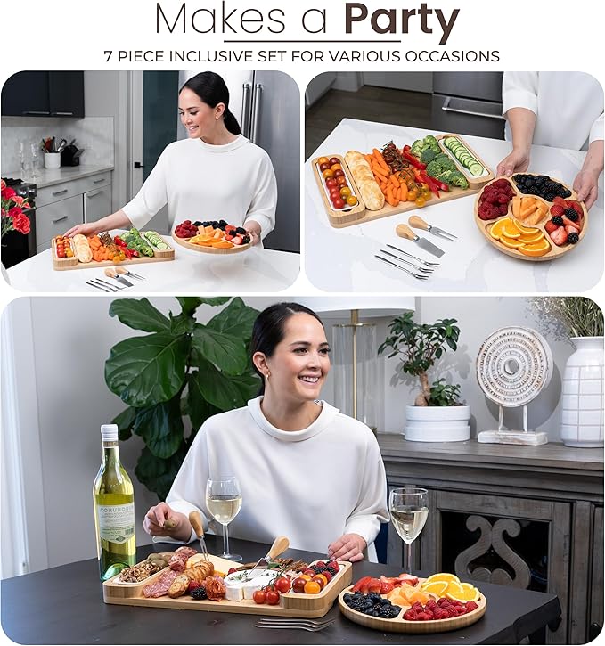 Charcuterie Board Gift Set - Bamboo Cheese Board & Serving Tray for Meat, Cheese, Crackers, Fruit - Large Wooden Charcuterie Boards for Parties - Wedding, Housewarming, Birthday Gifts for Women Bamb%C3%BCsi