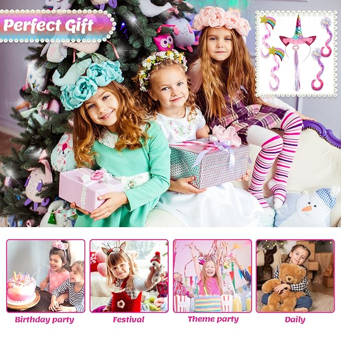 Jomi & Jolly 6 PCS Hair Accessories Set for Girls, Little Girl Colored Hair Tinsel Clips in Extensions, Princess Dress up Wigs, Cute Gifts and Costume Accessories for Little Princess (Unicorn) Kick Boosters