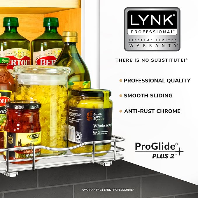 LYNK PROFESSIONAL® Pull Out Spice Rack Organizer for Inside Kitchen Cabinets - 10-3/8 inch Wide - Slide Out Drawer – Chrome Sliding Spice Cabinet Organization Shelf Racks - 1 Tier LYNKPROFESSIONAL