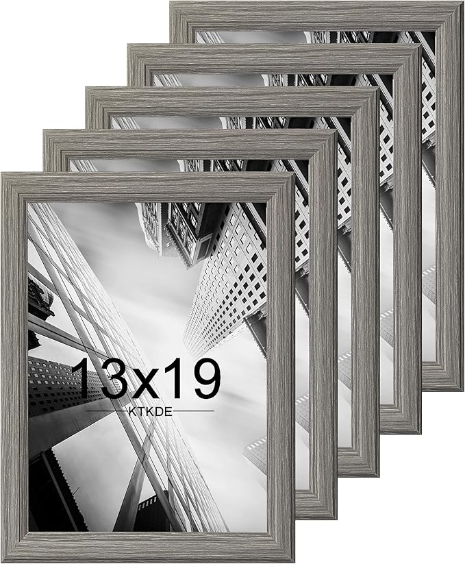 KTKDE 13x19 Picture Frame Set of 5,Grey Wooded Shatter Resistant Glass, Vertical & Horizontal Wall Hanging for Wall Display,Studio Gallery Photo Frame for Photos, Posters & Art Prints KTKDE