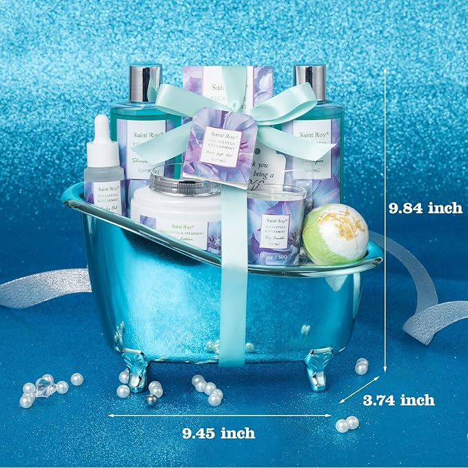 Bath and Body Basket Set Luxury EUCALYPTUS & Mint Spa Gift Basket for Women, Unique Bath Gift Baskets Gifts, Home Spa Kit Christmas Gifts for Women, birthday gift baskets for Dad Mother's Day SaintRoy