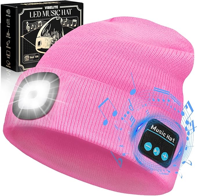 VIBELITE Bluetooth Beanie Hat with Light, USB Rechargeable LED Headlamp with Wireless Headphones, Christmas Gifts Stocking Stuffers for Men, Teen Boys, Him, Husband, Boyfriend, Pink VIBELITE