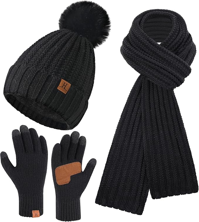 Womens Winter Warm Beanie Hat Long Neck Scarf Touchscreen Gloves Set Knit Skull Caps Pompom Fleece Gifts FZFANTASTICZONE