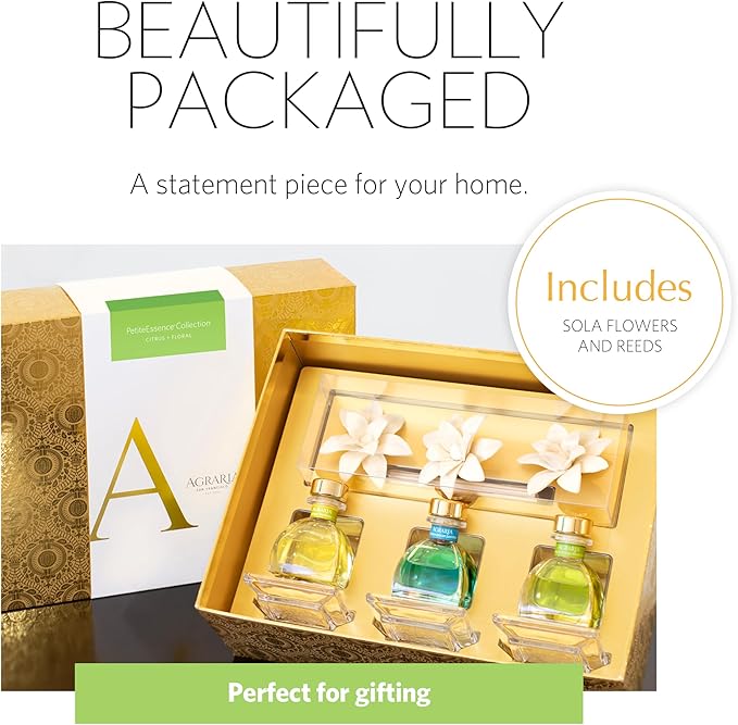 AGRARIA Citrus & Floral PetiteEssence Collection, Handmade Sola Flower Reed Diffuser Set of 3, Luxury Home Fragrance Scented Oil Diffuser Gift Set AgrariaHome